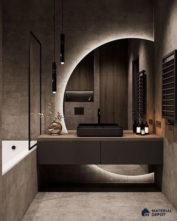 a bathroom with a large tub in the middle of the room and two sinks and two sinks on the wall next to a bathtub in front of a large window that has a wooden flooring is shown in